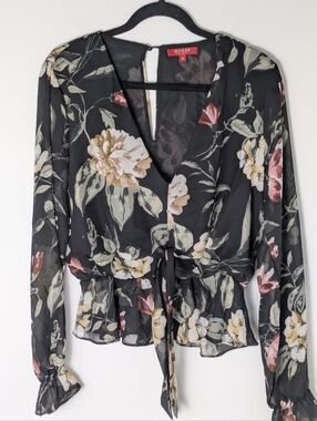 Guess Women's Peplum Floral Chiffon Blouse Top Sz M Black Feminine Preppy EUC